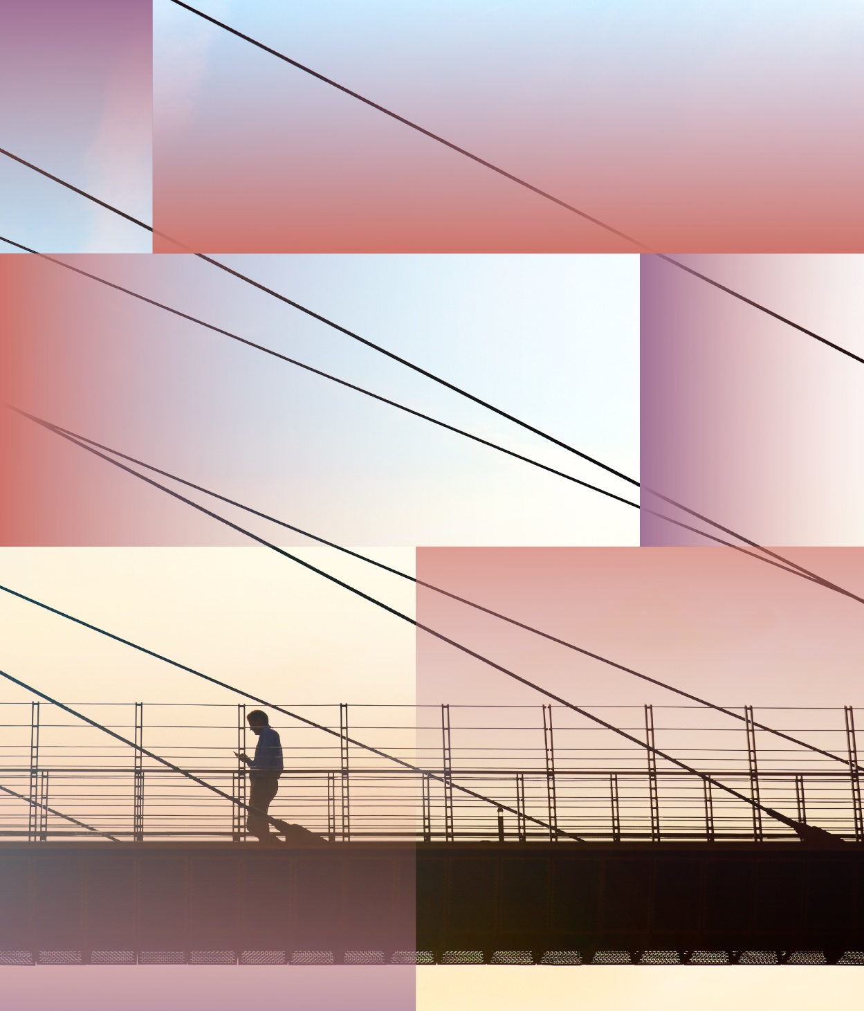 Man crossing a bridge while looking at his smartphone